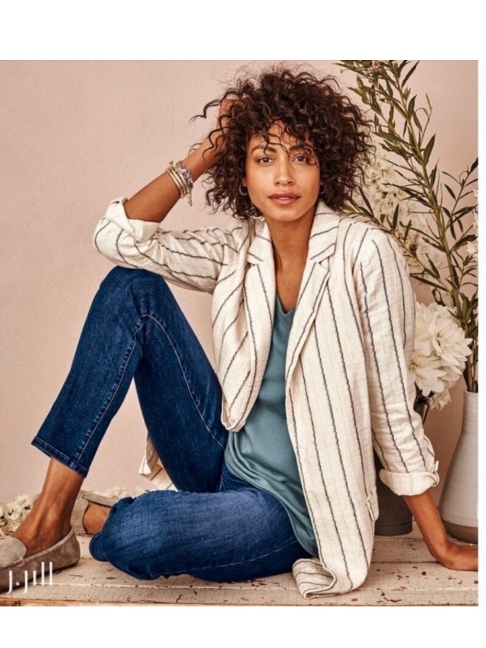J.Jill Striped Cream Linen Boyfriend Blazer